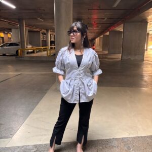 Architectural pleat puff sleeves shirt